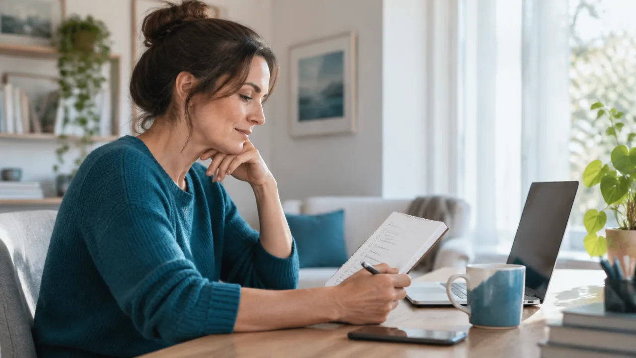 A person pauses to review a notebook at a home desk, reflecting on everyday self-critical habits.