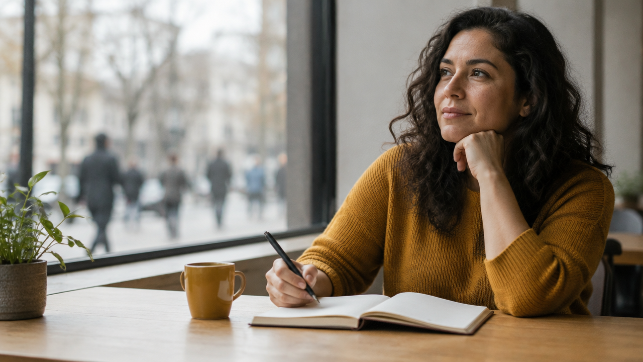 A person pauses to write in a journal while reflecting on collective blame