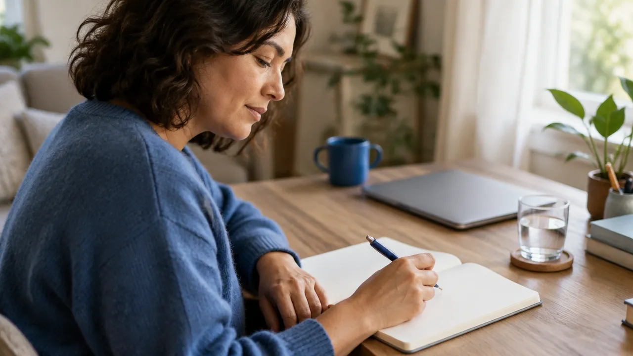 A person pauses to write in a notebook, using a mindful moment to choose a manageable next step.