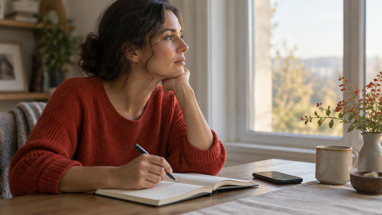 A person pauses to write privately in a notebook before addressing a difficult relationship.