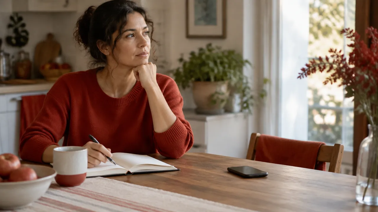 A person pauses with a blank notebook before responding after a difficult conversation.