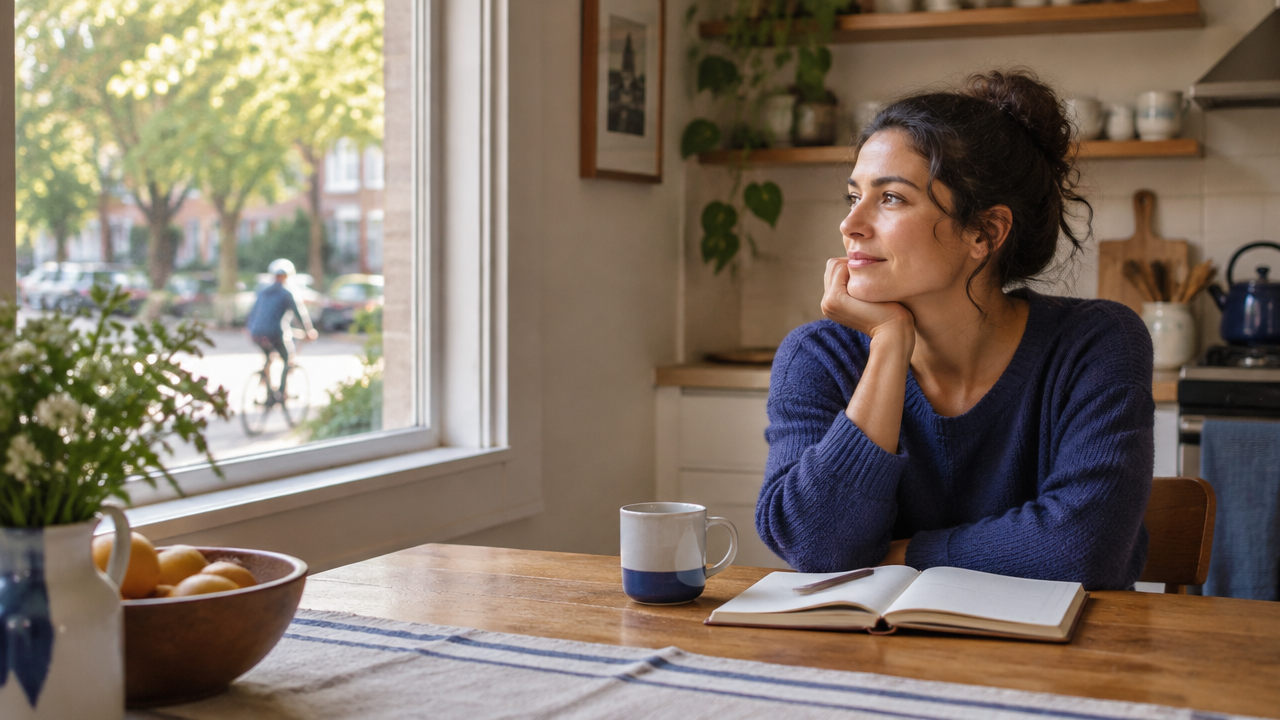 A person pauses with a notebook and morning mug, reflecting on how daily choices connect with the wider world