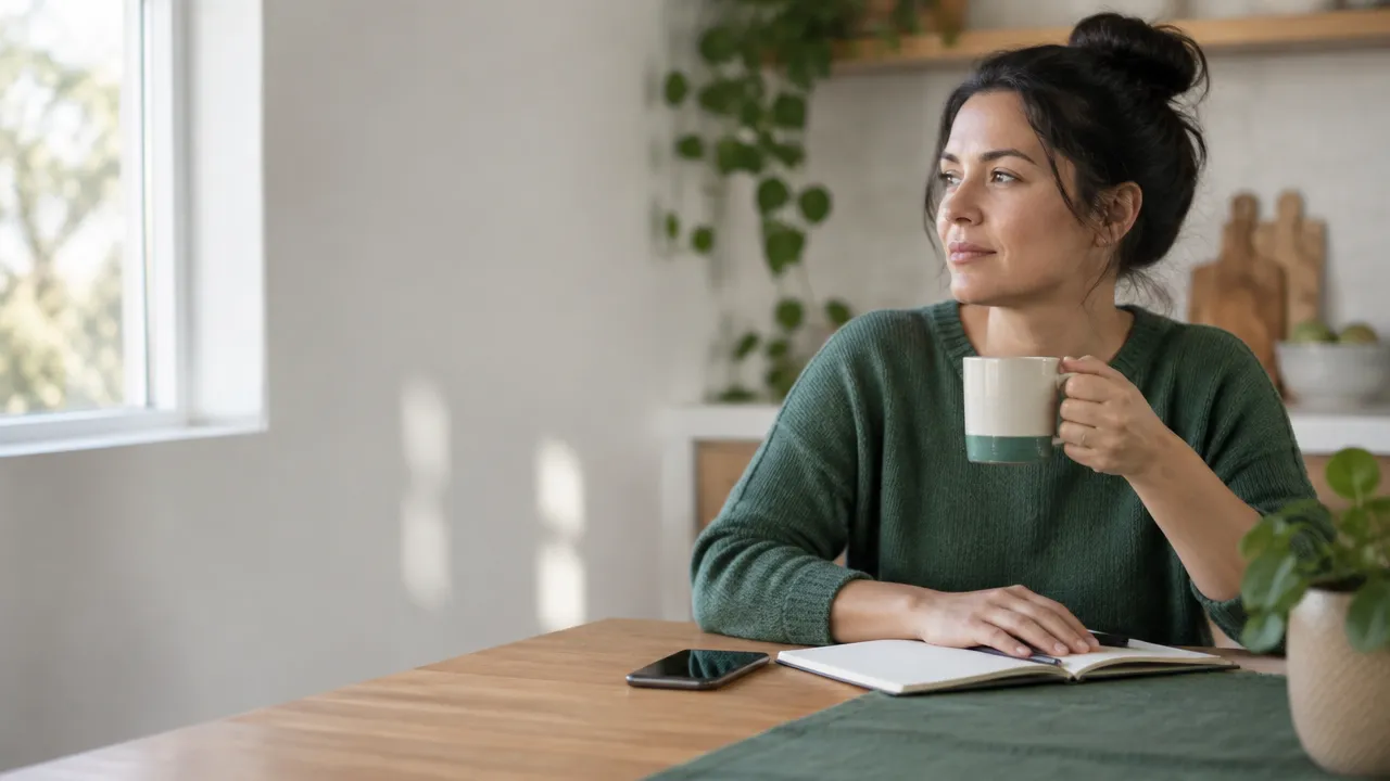 A person pauses with a notebook and phone before responding to a stressful message.
