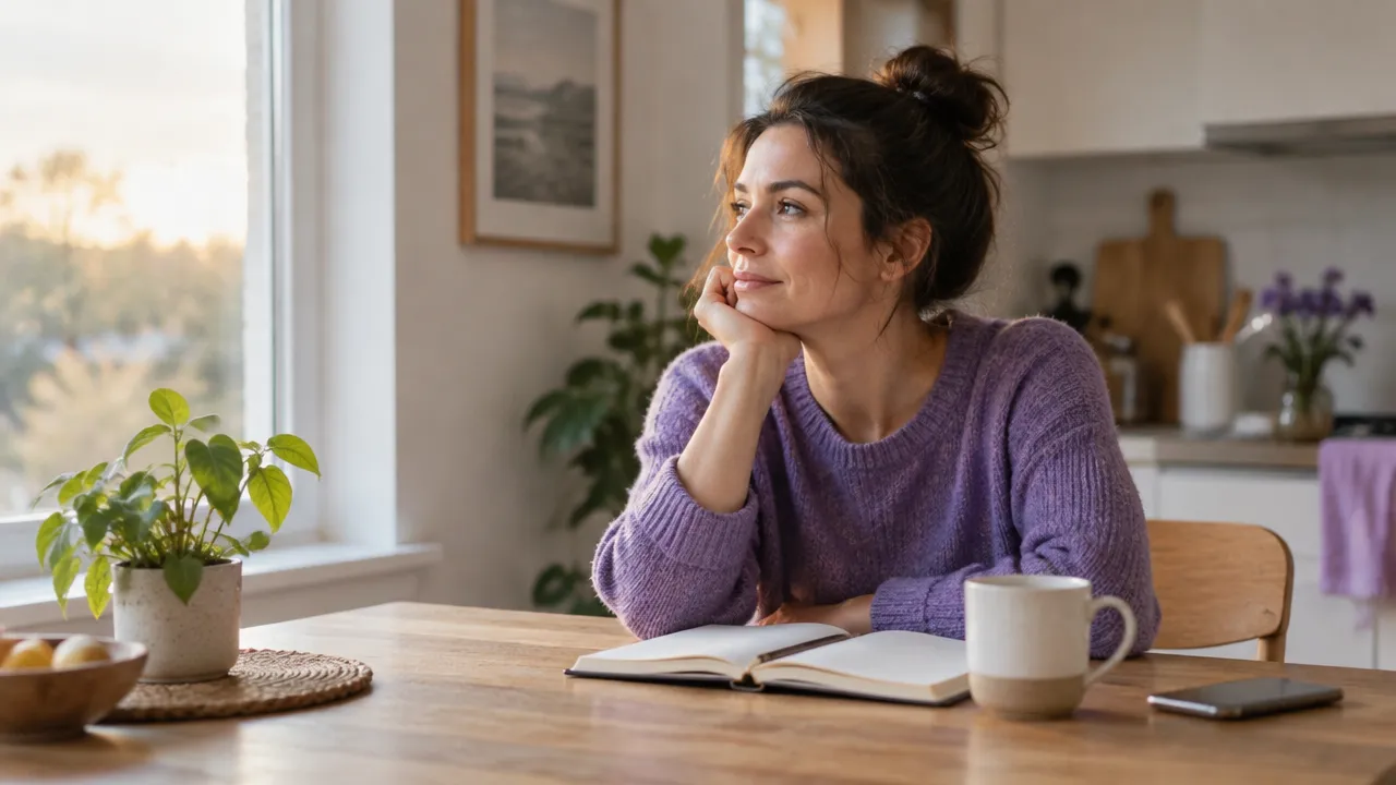 A person pauses with a notebook and tea in a quiet morning ritual to support emotional resilience.