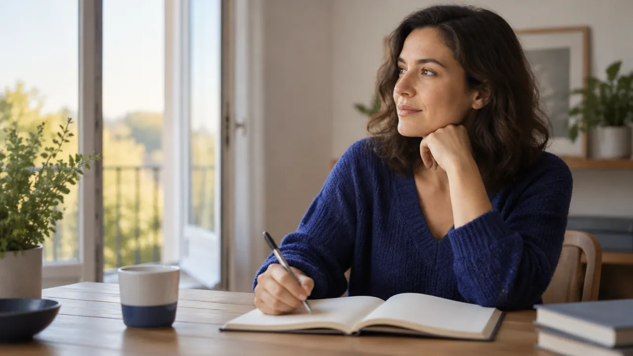 A person pauses with a notebook by a window, reflecting on a familiar thought and considering a new response.