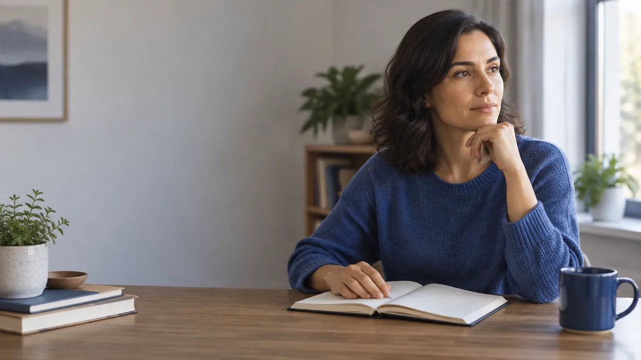A person pauses with an open notebook to reflect before making an important decision