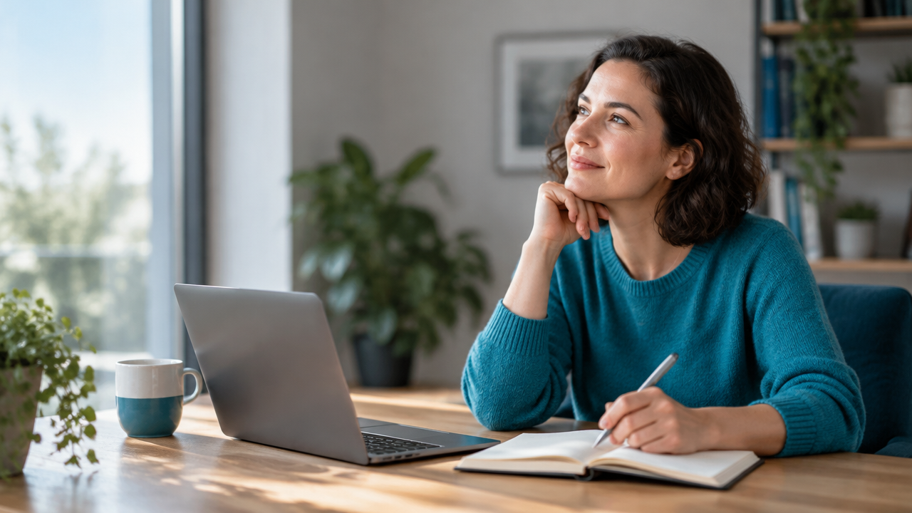 A person pausing at a desk to reflect on their thoughts, illustrating metacognition