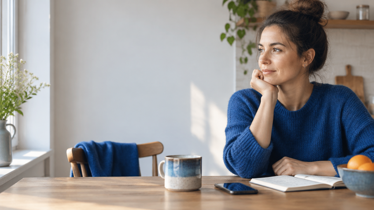A person pausing at a table to reflect before responding, representing conscious responsibility in daily life