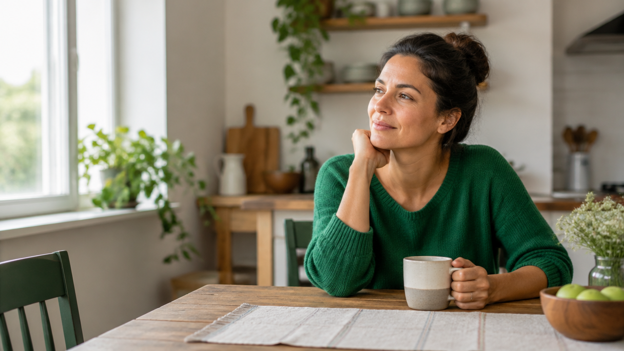 A person pausing mindfully with a cup of coffee in a calm morning kitchen