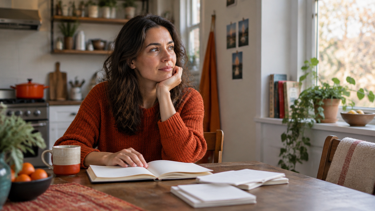 A person pausing over a journal, considering a life experience without forcing a positive interpretation.