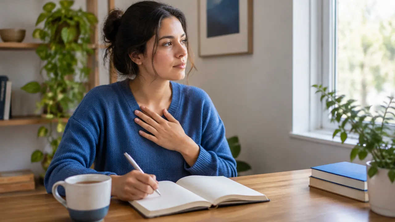 A person pausing over a journal to reflect kindly after a mistake