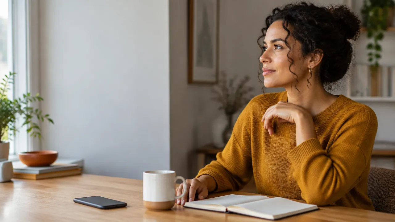 A person pausing thoughtfully beside a notebook before responding, illustrating the shift from reactive habit to conscious action.