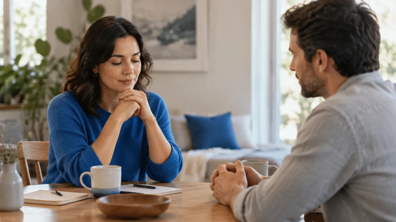 A person pausing to breathe and reflect before responding during a conversation.