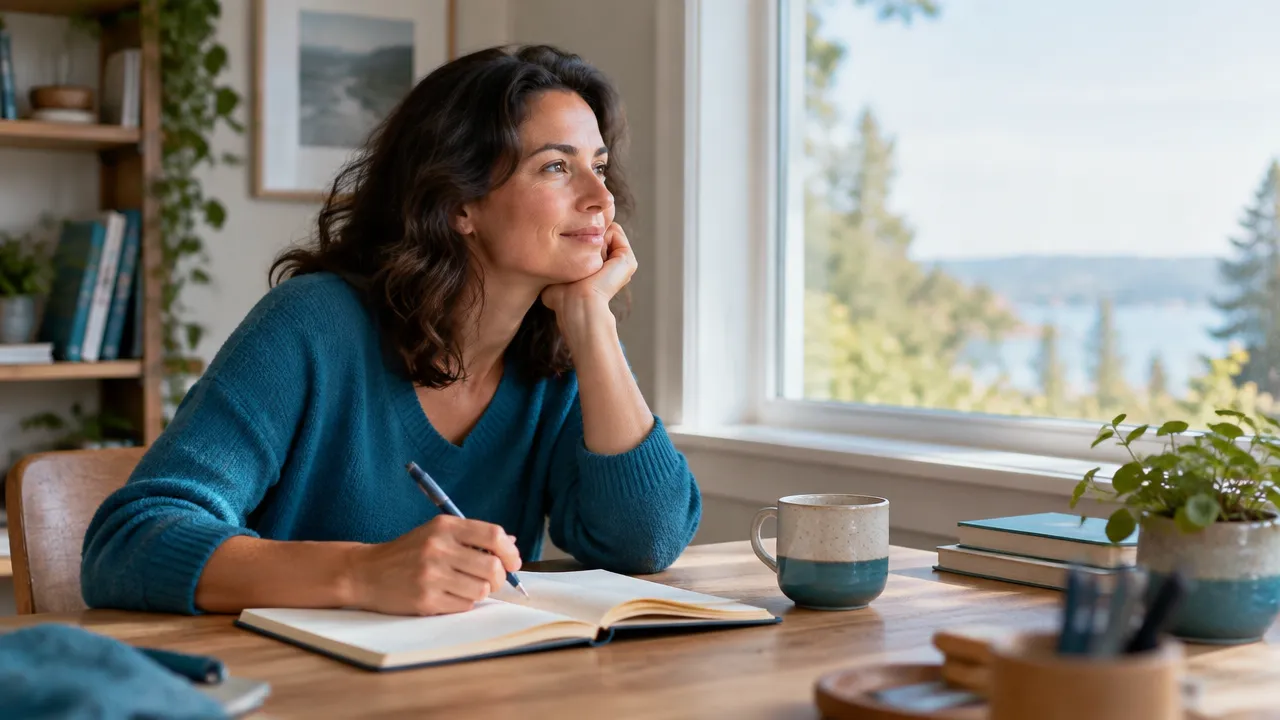 A person pausing to notice thoughts and choose a deliberate action while journaling at home