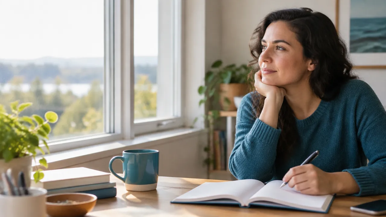 A person pausing with a blank journal to notice and reflect on their emotions