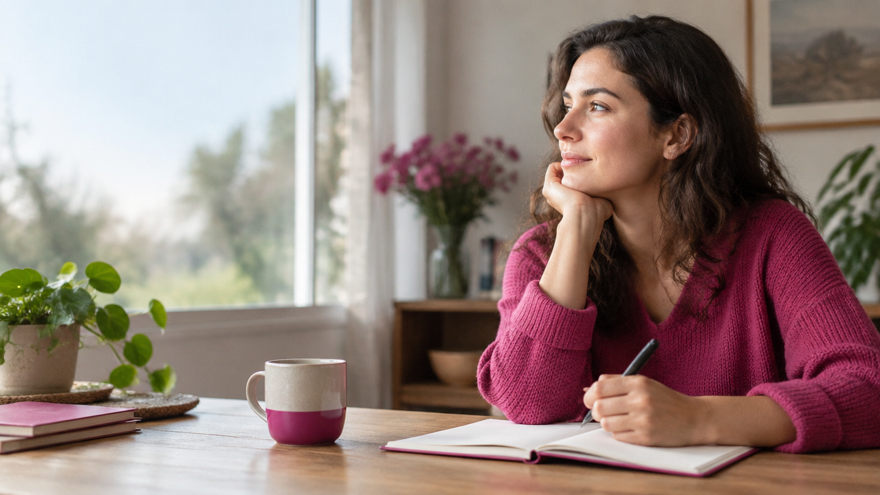 A person pausing with an open journal in soft window light, reflecting on past choices and personal growth.