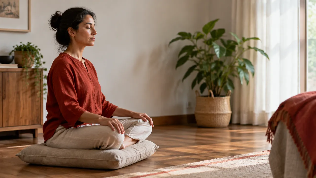 A person practices a calm body-awareness meditation at home, noticing sensations with a relaxed posture.
