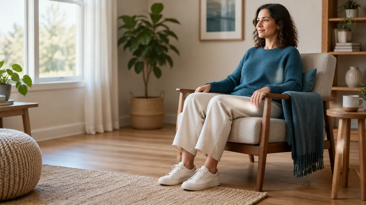 A person practices a gentle grounding exercise by feeling their feet on the floor