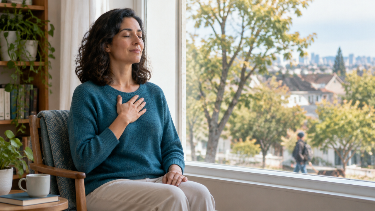 A person practices a quiet compassion meditation by a window, with a neighborhood tree and rooftops beyond.