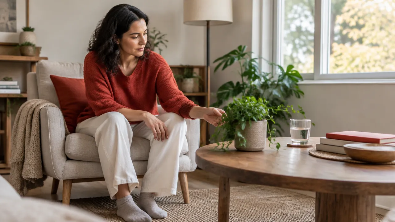 A person practices a simple grounding exercise at home, noticing their feet on the floor and nearby surroundings.