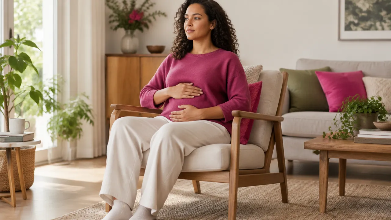 A person practices gentle seated breathing with relaxed posture and hands noticing movement in the abdomen and ribs.