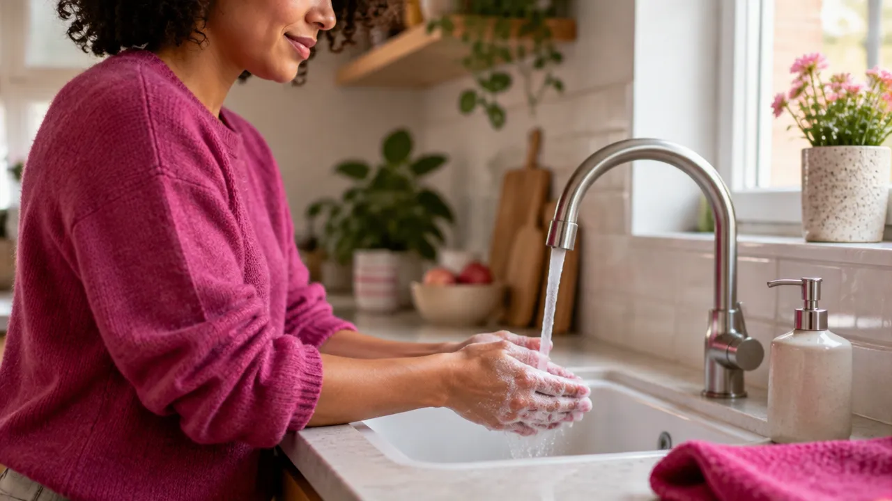 A person practices mindful attention while washing their hands, noticing the water and touch.