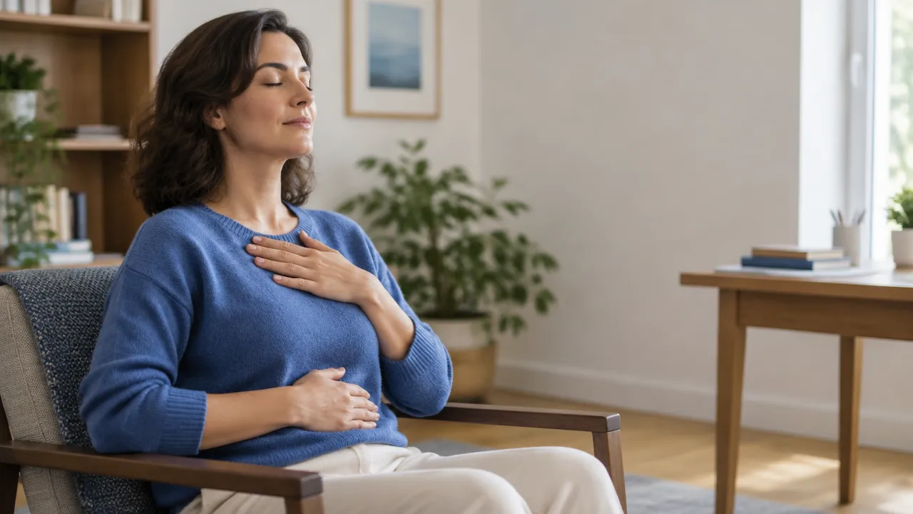 A person practicing comfortable slow breathing with a hand resting lightly on the abdomen