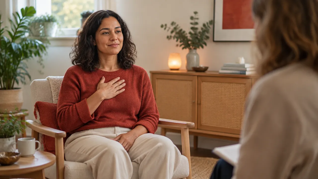 A person noticing bodily sensations during a calm therapy conversation