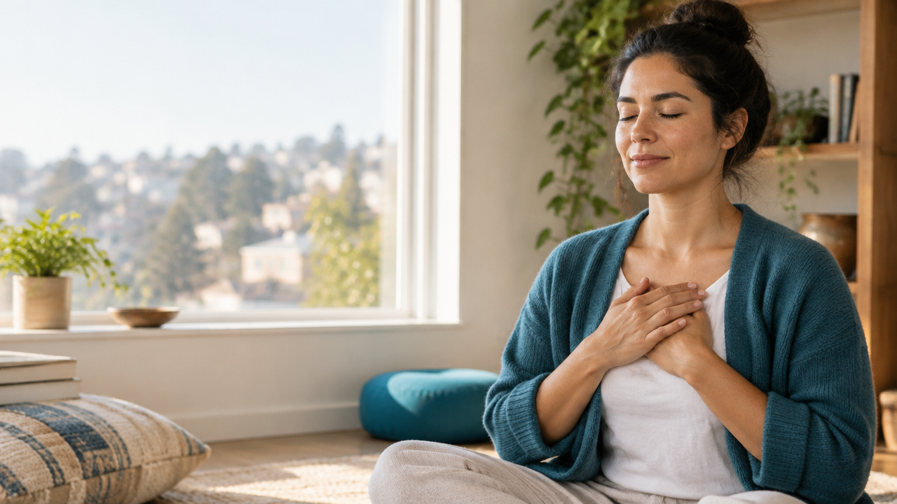 A person practicing loving-kindness meditation in a softly lit home, with a peaceful neighborhood visible through the window