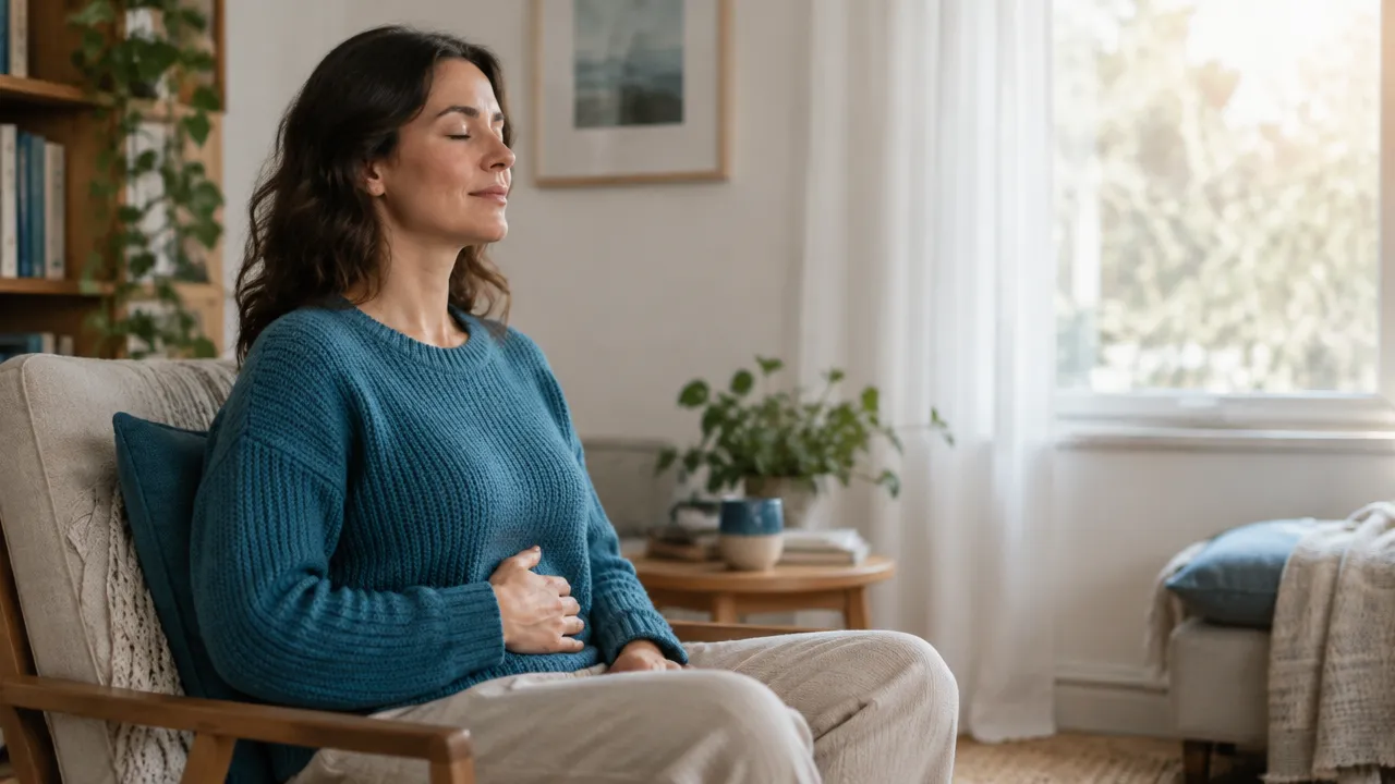 A person practicing slow, steady breathing as a self-soothing exercise at home