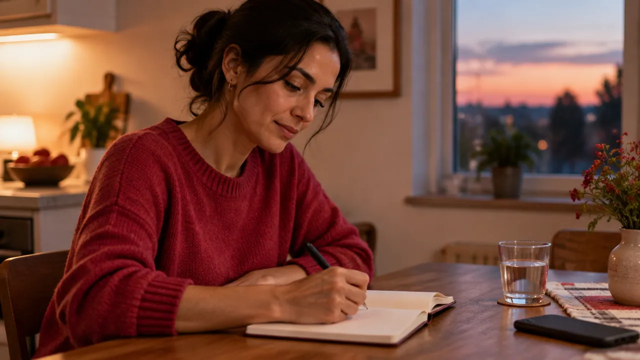 A person privately journaling at dusk to review the impact of a work interaction