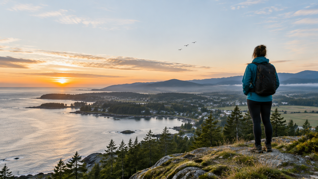 A person quietly looking across a coastline, forest, and town at dawn, suggesting care for the interconnected planet.