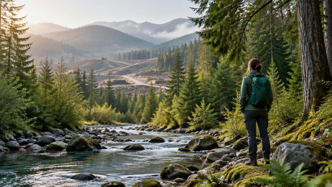 A person quietly observing a forest stream, reflecting on human responsibility toward nature.