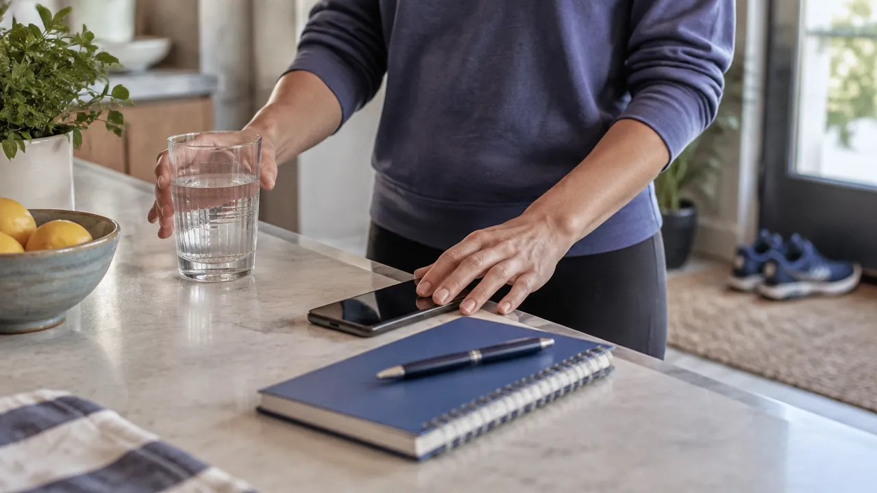 A person reaches for water beside a notebook, showing a simple environmental cue supporting a daily habit.