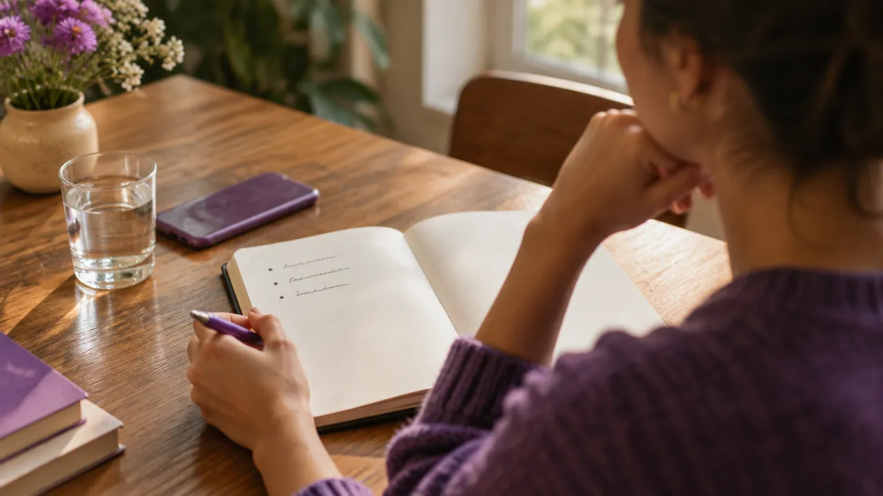 A person recording a reaction in a journal as part of a reflective self-awareness practice