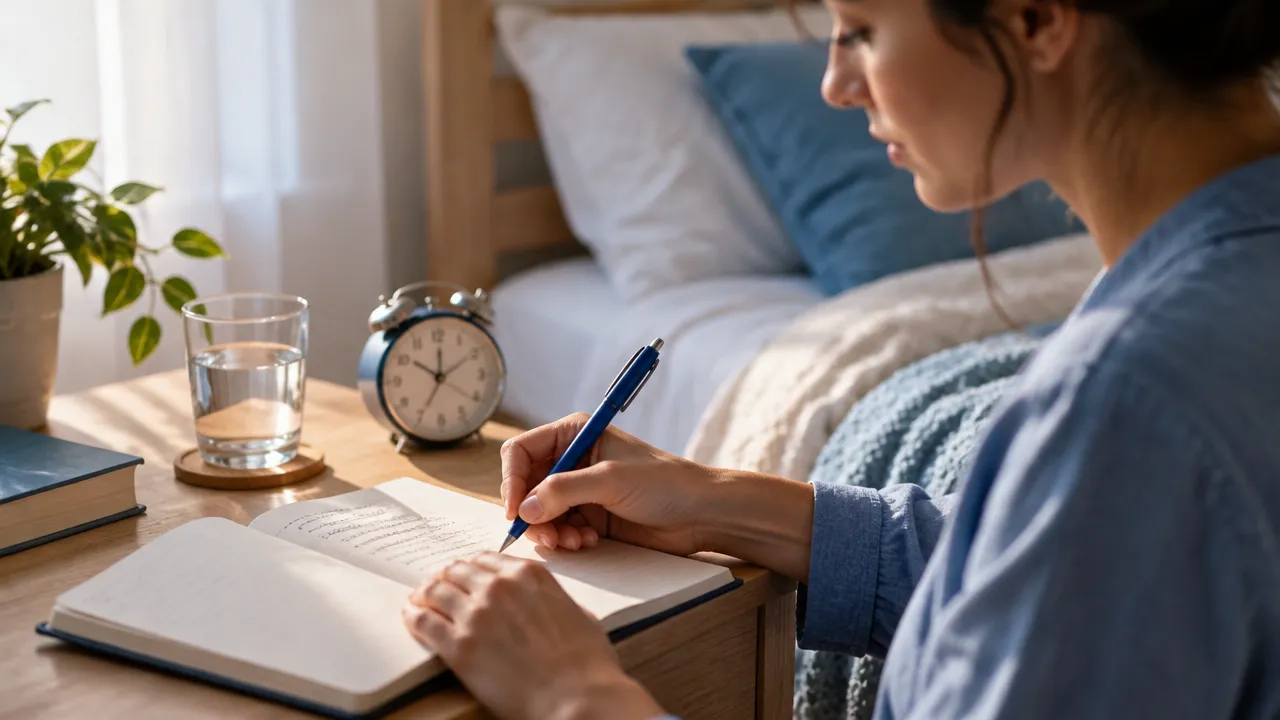 A person records a brief morning reflection in a bedside journal to notice patterns between sleep and daytime awareness.