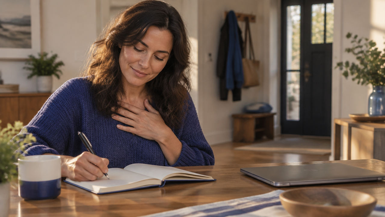 A person records a brief reflection while noticing a bodily reaction after the workday.