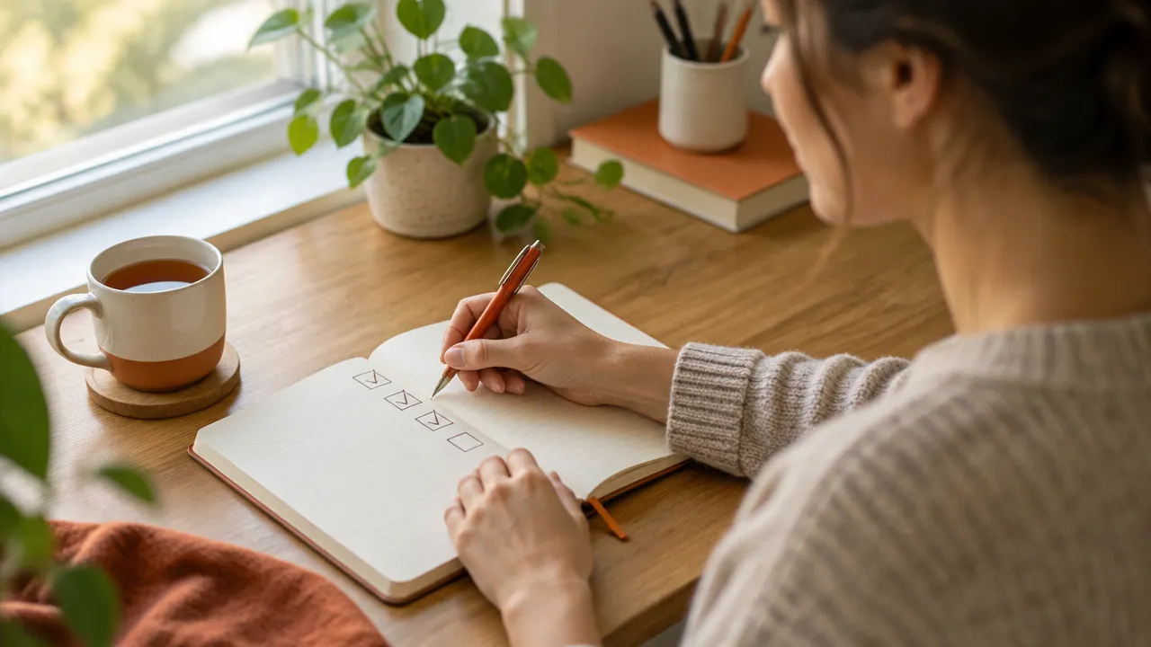 A person records a small completed action in a notebook, showing how noticing progress can strengthen self-efficacy.