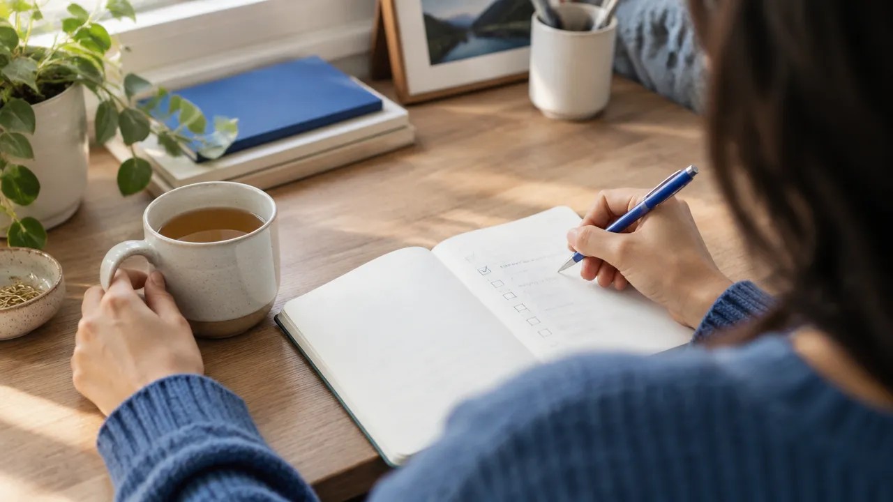 A person records one small completed task in a notebook as evidence of growing self-trust.