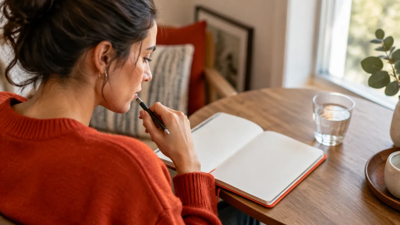 A person reflecting in a blank journal after an emotional setback, illustrating a deliberate meaning-making practice