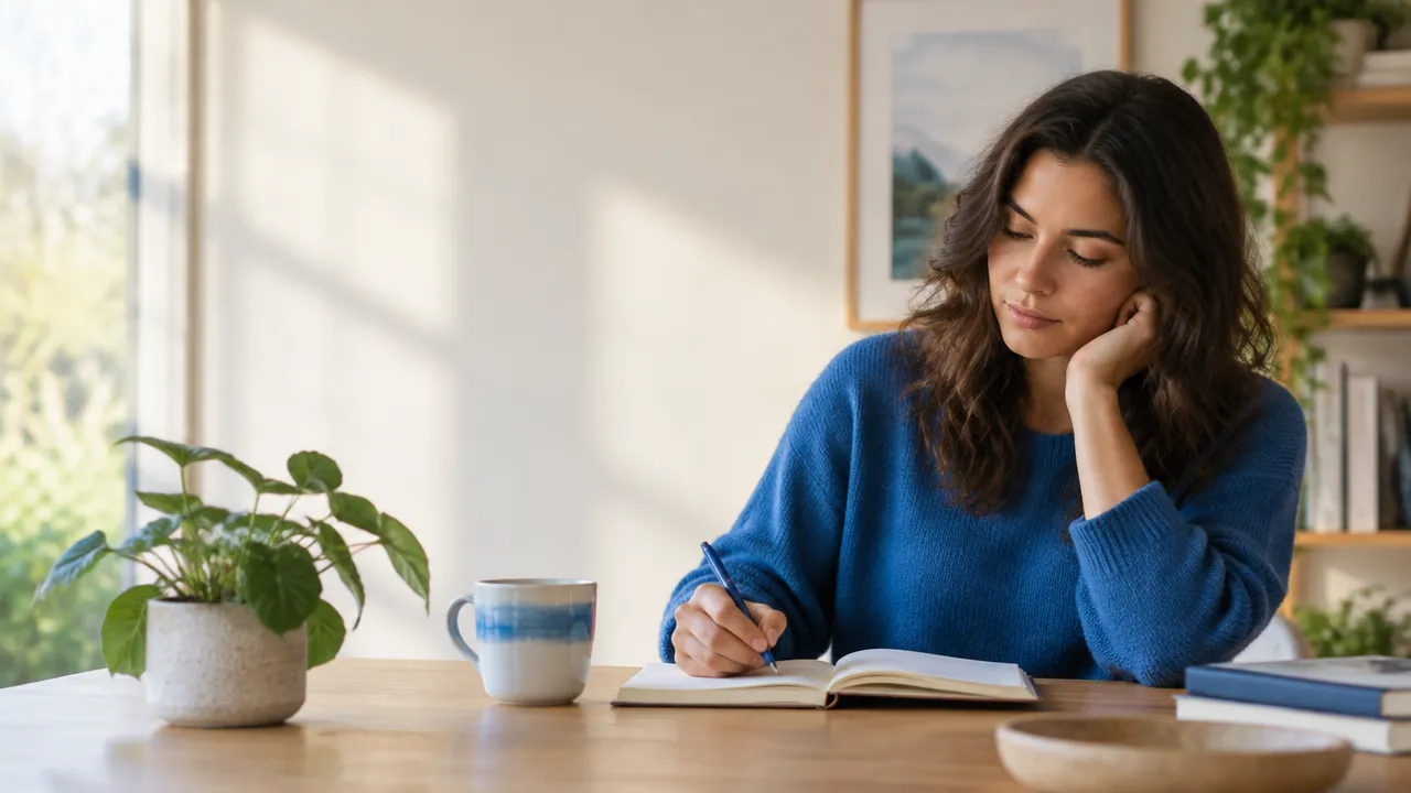 A person reflecting in a journal by a window, illustrating evidence-informed well-being and personal growth.