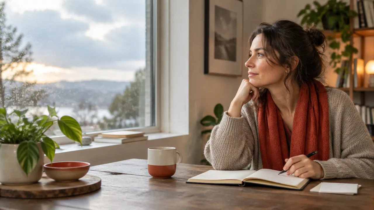 A person reflecting in a notebook at a calm home workspace, illustrating a flexible daily ritual.