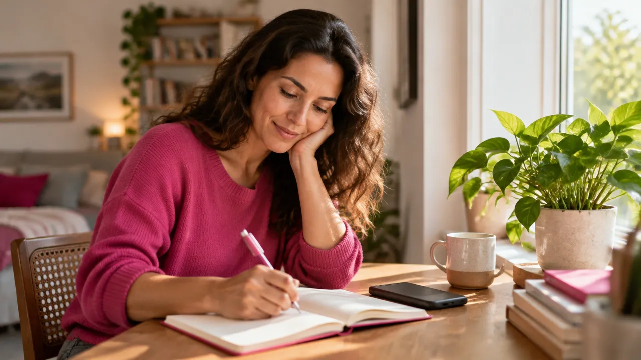 A person reflecting in a notebook at home, connecting everyday strengths with meaningful actions