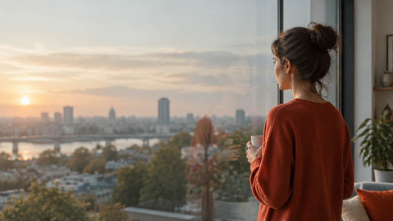 A person reflecting on a changing sense of self in a window