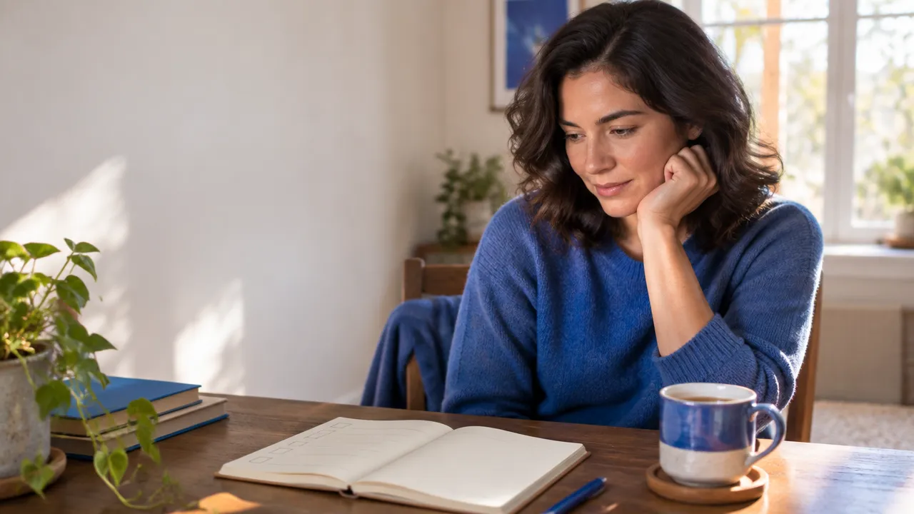 A person reflecting on recurring thoughts and emotions while writing in a notebook
