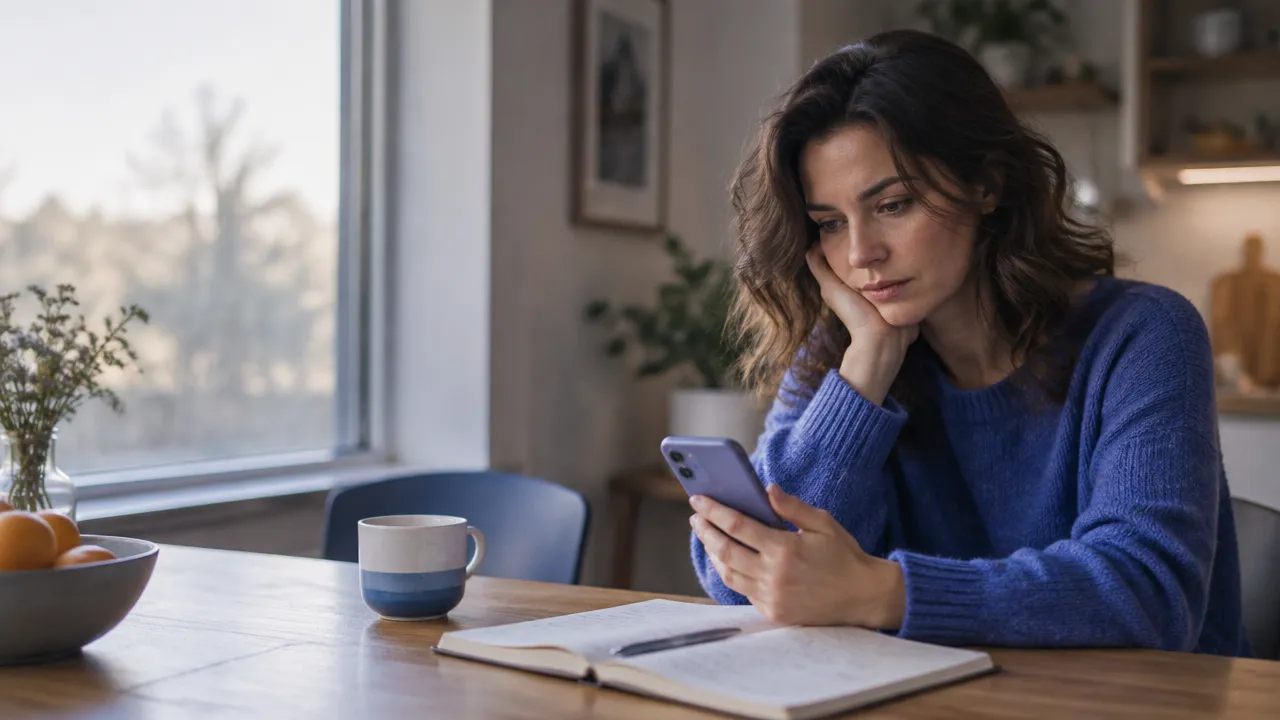 A person reflecting on social comparison while looking at a phone beside an open journal