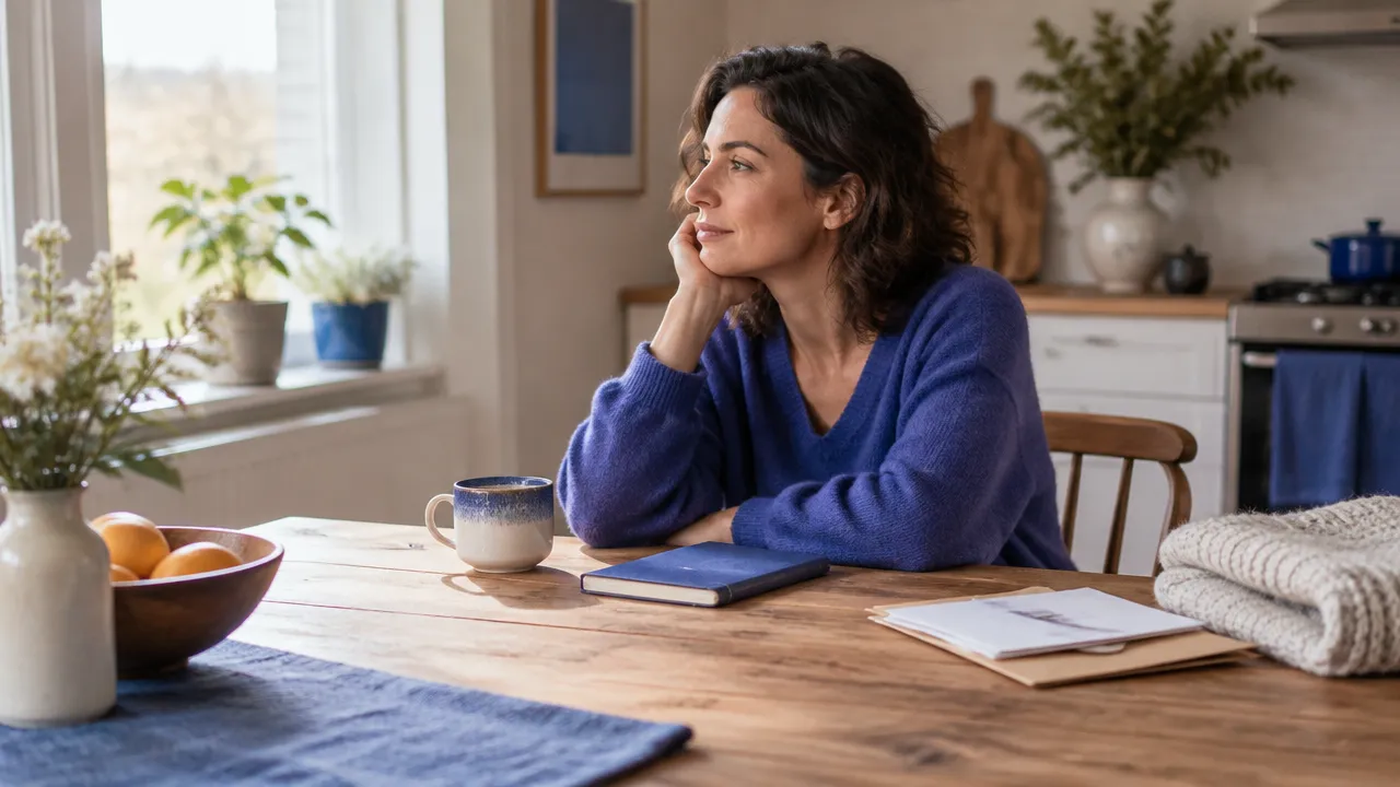 A person reflecting quietly at a kitchen table, with a notebook and unopened letters suggesting unspoken emotional burdens.