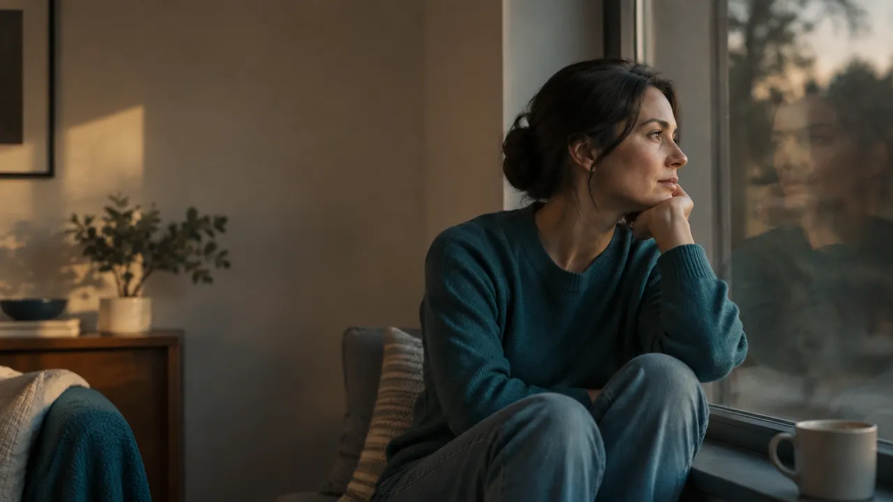 A person reflecting quietly beside a window, representing honest self-exploration.