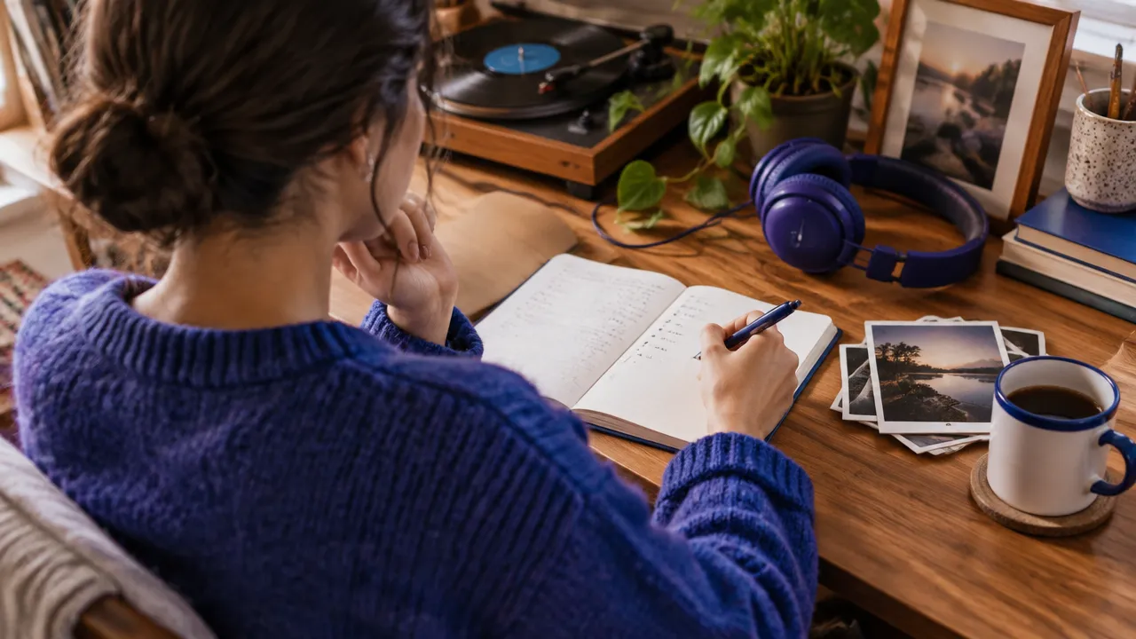 A person reflects at a desk, balancing old photographs and headphones with a present-day decision in a notebook.