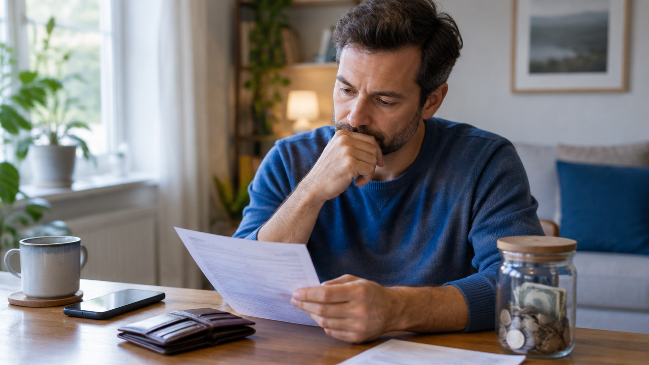 A person reflects on a bill beside savings, showing the emotional tension behind financial choices.